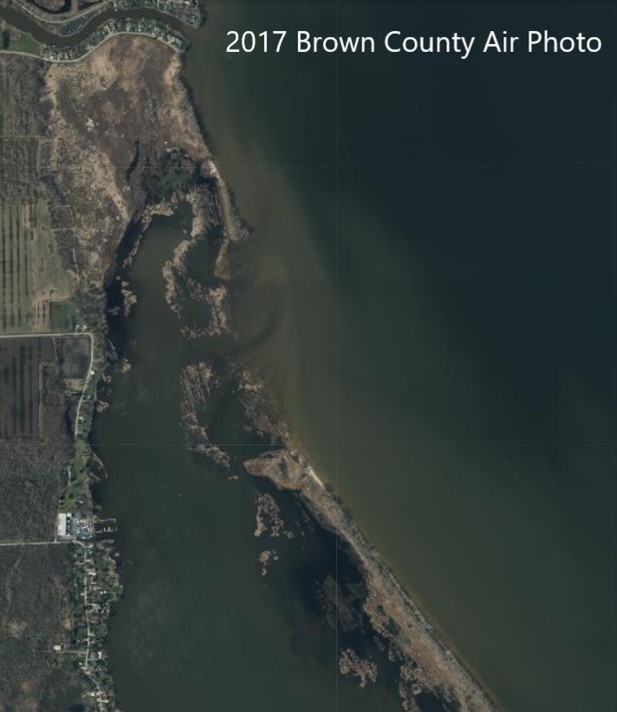 2017 aerial photo of Browny County coast; water levels are higher than in 2014