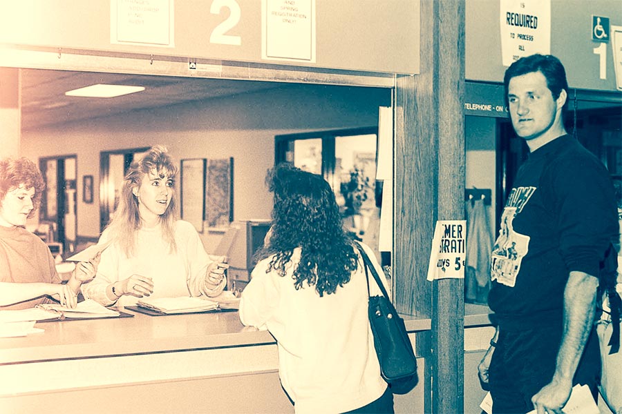 Vintage photo of the Registrar's walk-up counter