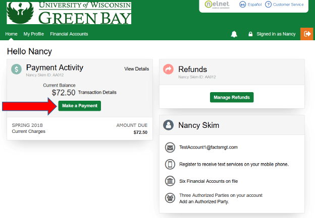 Nelnet portal screenshot with arrow pointed to the Make a Payment button