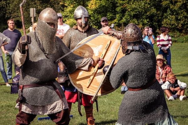 Ancient viking armor demonstration and battle reenactment