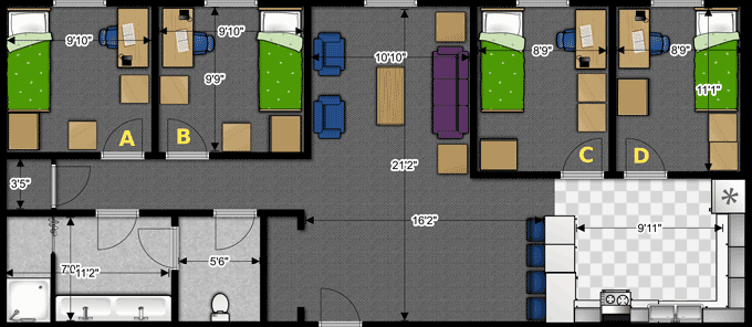 two-dimensional floor-plan of a 4-bedroom apartment in Harden and Robishaw Halls