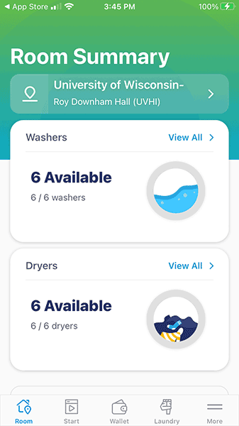Screenshot of CSC GO Wash Alerts App showing 6 washers and 6 dryers available in Roy Downham Hall