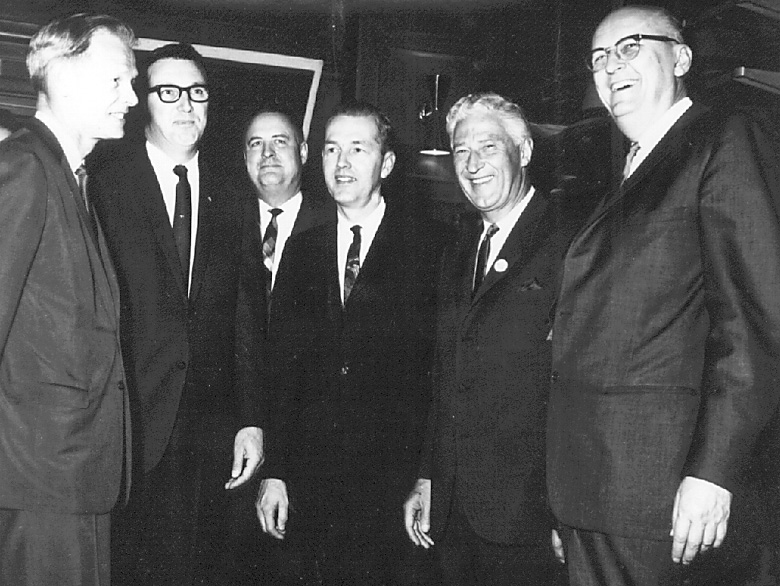 Welcome reception at the Northland Hotel (L-R) Don Tilleman, Myron Lotto, Jerome Quinn, Edward W. Weidner, Warren Knowles, Fred Harvey Harrington