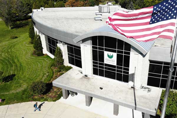 Aerial view of Sheboygan campus with American flag