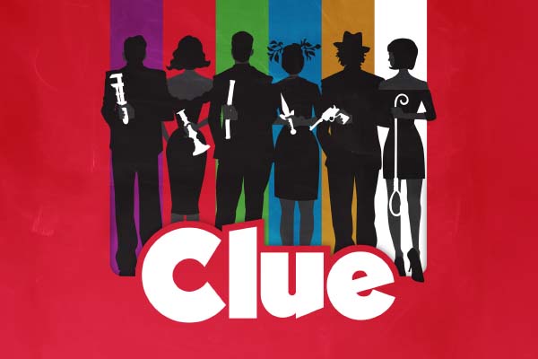 Clue text with silhouettes of characters against red background