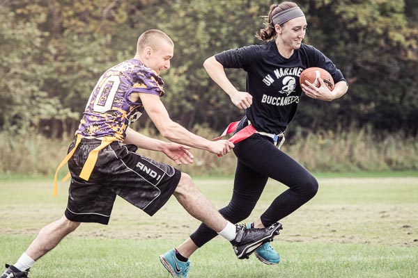 Students play flag football as a part of UW-Green Bay, Marinette Campus intramural sports.