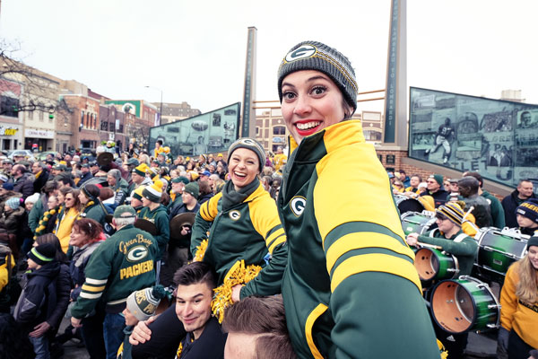 UW-Green Bay cheerleaders at a Packers pep rally.