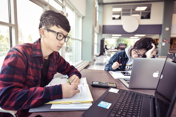 Students studying in a campus common area