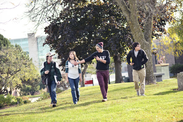 Students walking across campus.