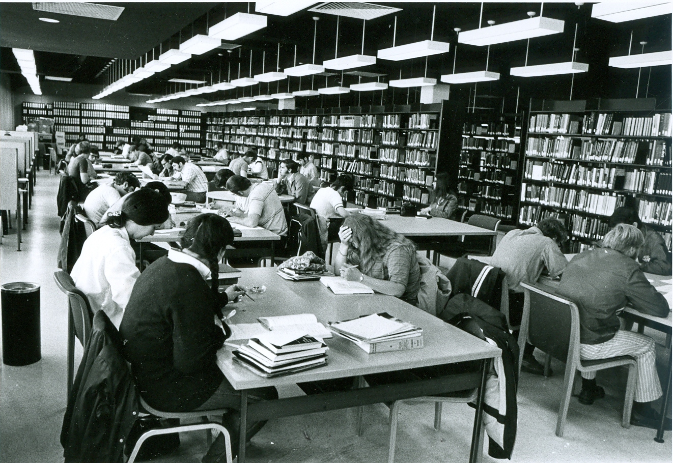 Students studying in the Cofrin Library stacks