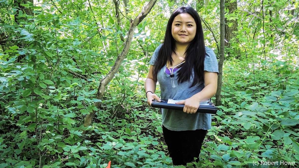 Student Linda Vang conductin research in the woods