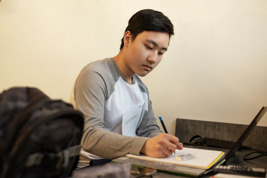 Asian male student studies at lap top