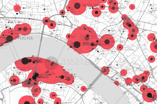 GIS map in red, gray and black