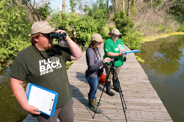 Three students performing coastal research