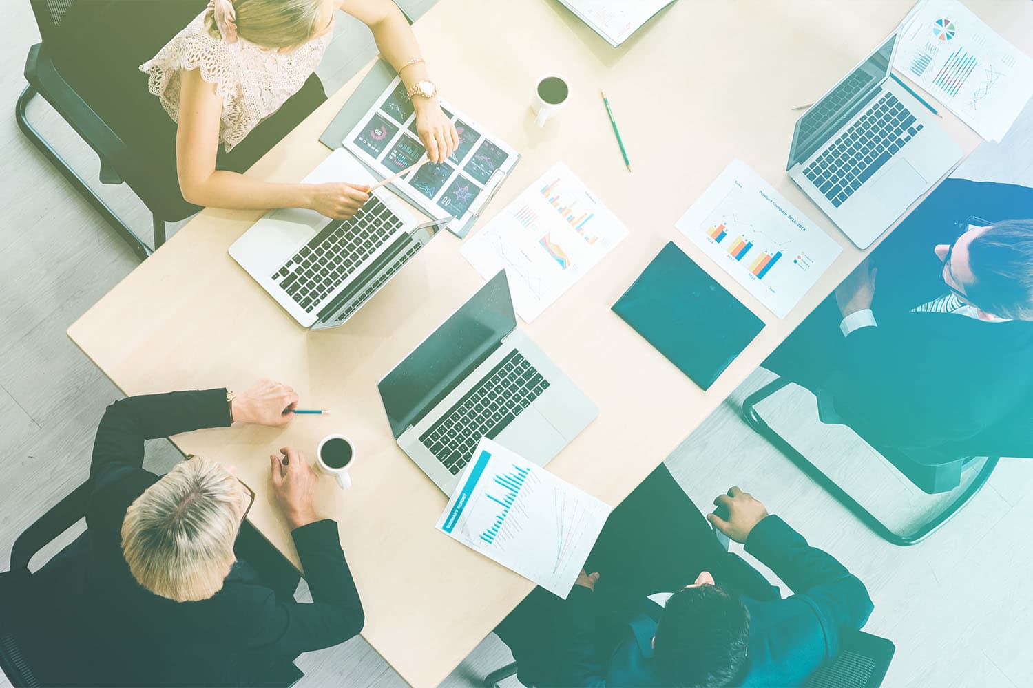 Topview of a business team in a group meeting