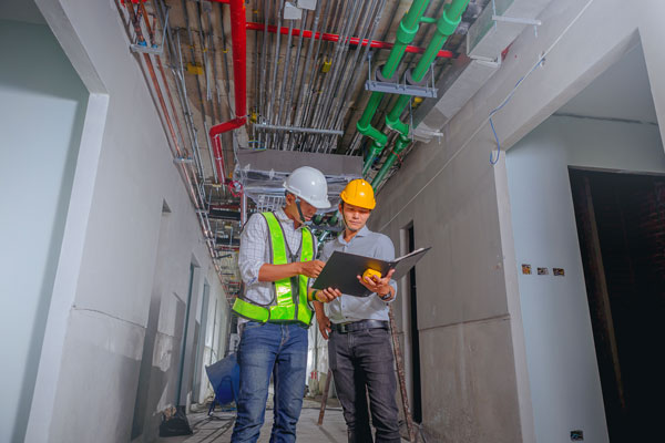 Two electrical engineering technologists work together on job site
