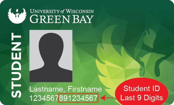 UW-Green Bay Student ID with last 9 digits of the student ID number outlined