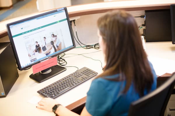 Nurse administrator works at computer
