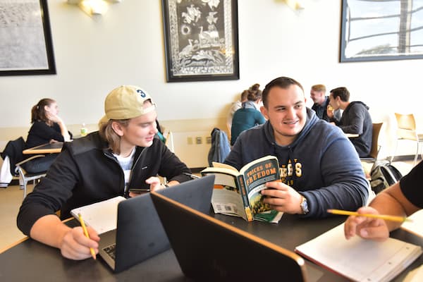 Two male students studying in common area