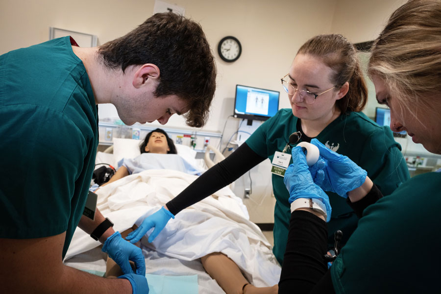 Nursing students examining a patient's leg