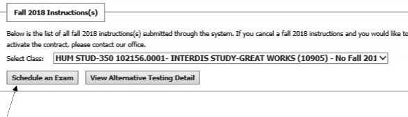 Screenshot with an arrow pointing to the "Schedule an Exam" button
