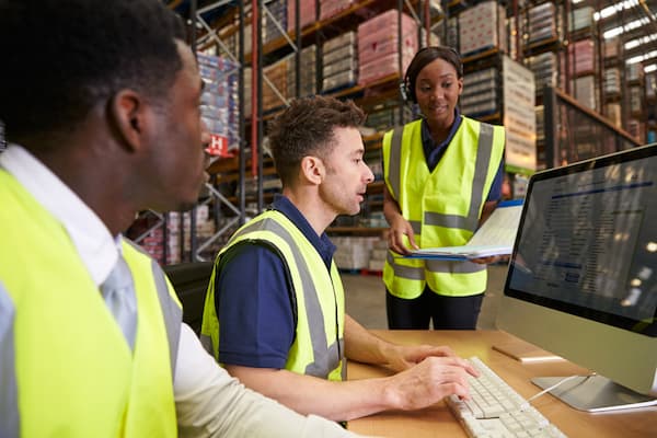 Employees working at computer in shipping yard