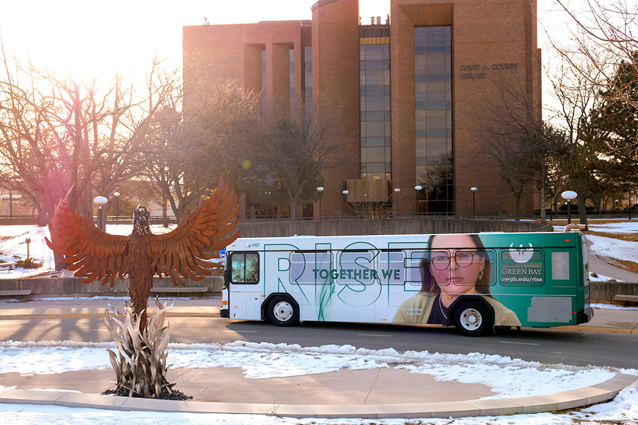 Green Bay Metro bus pulling up to the campus bus stop