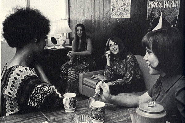 1970s photo of college women having coffee in a lounge