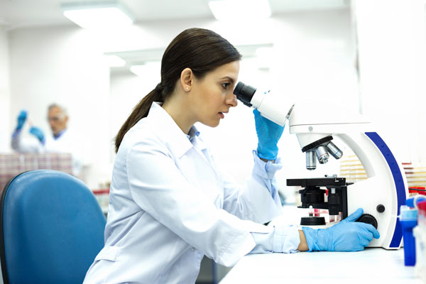 Female scientist looks into microscope