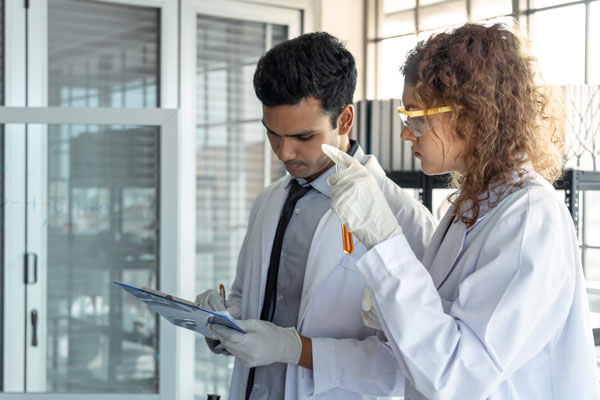 Coworkers discuss research data in lab