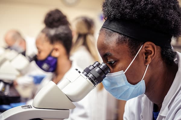 Student looks into microscope
