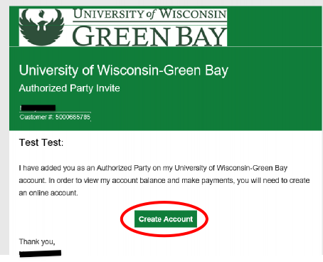 Authorized Party email screenshot with the Create Account button link circled