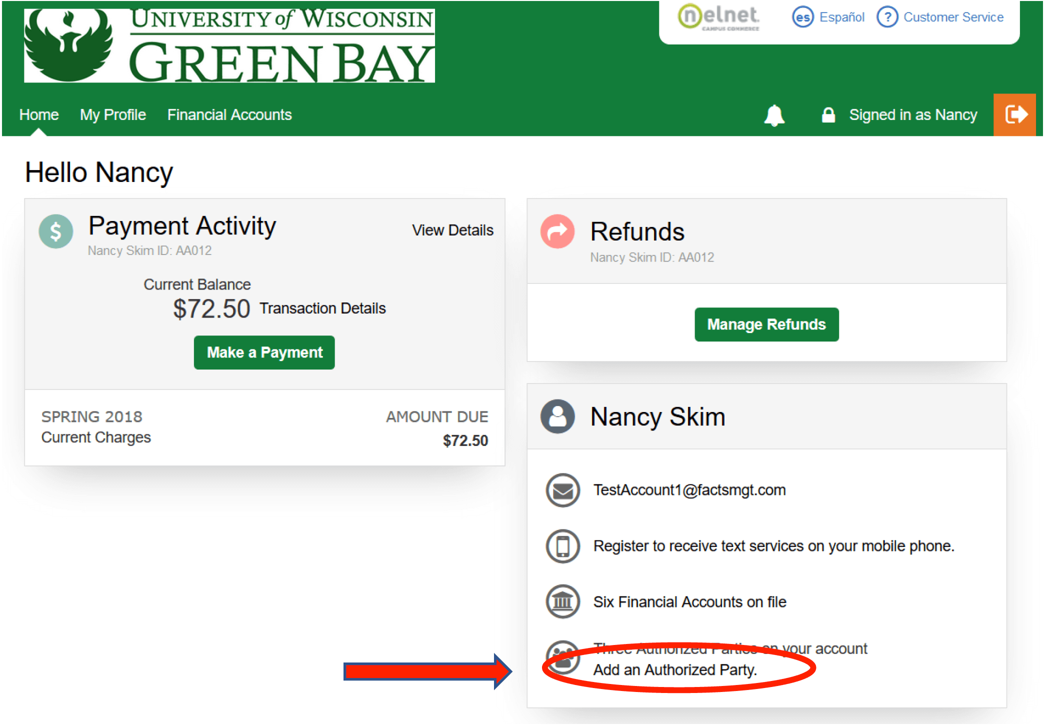 Nelnet payment portal screen iwth "Add Authorized Party" circled