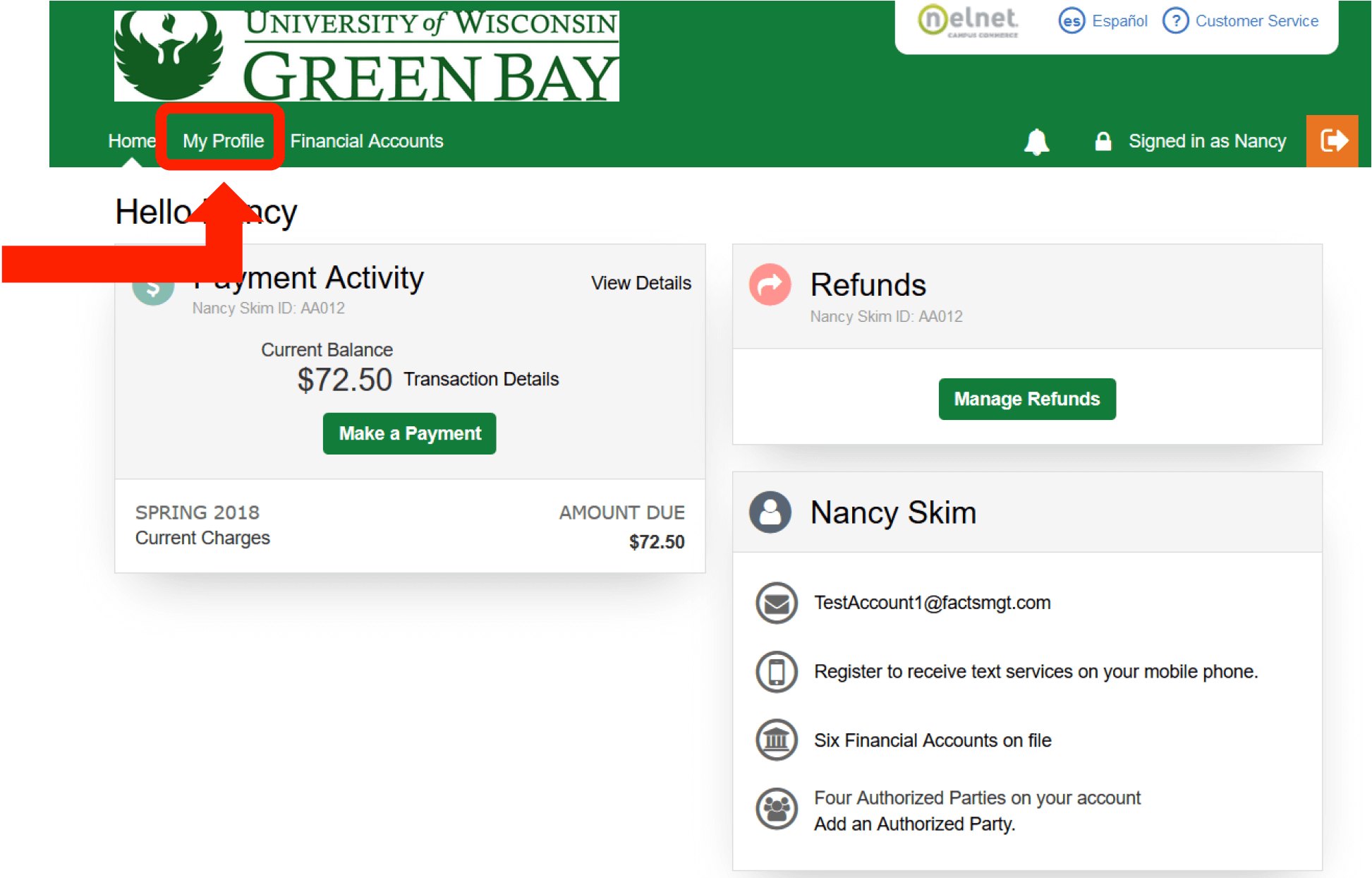 Nelnet payment portal screenshot with My Profile link circled