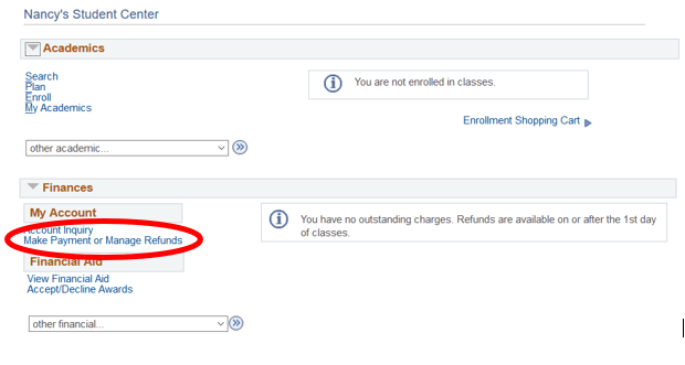 SIS Home Student Center screenshot with Manage Refunds circled