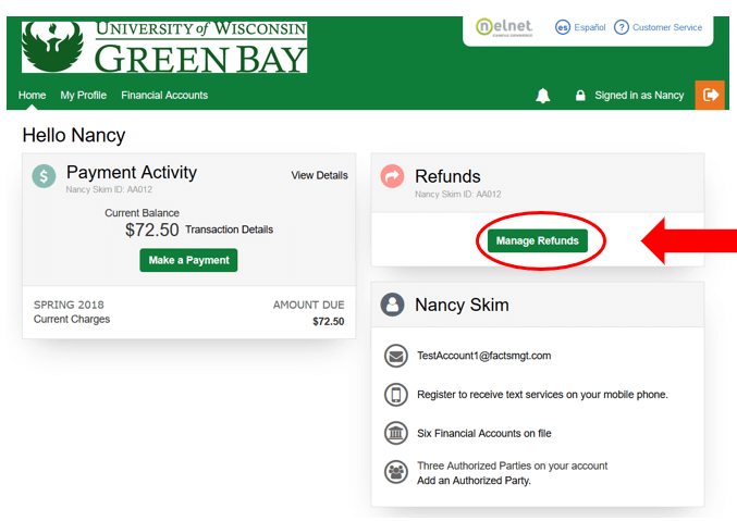 Nelnet screenshot with manage refunds button circled