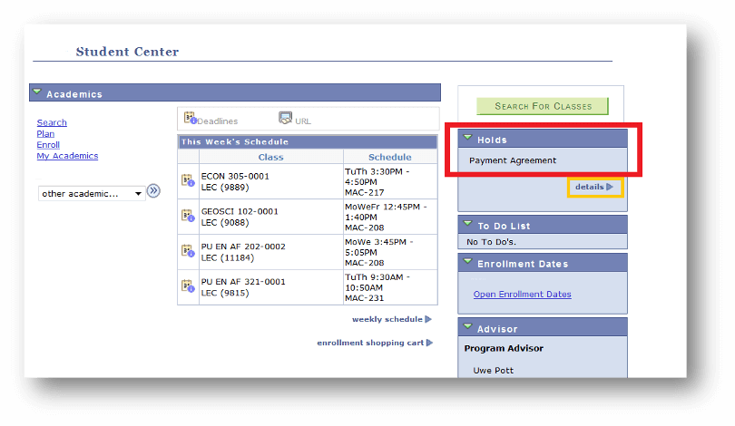 Screenshot of the SIS Student Center with the Holds box highlighted on the right side of the screen