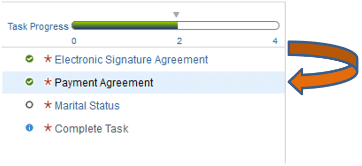 SIS screenshot of payment agreemen task progress with an arrow pointing to each task