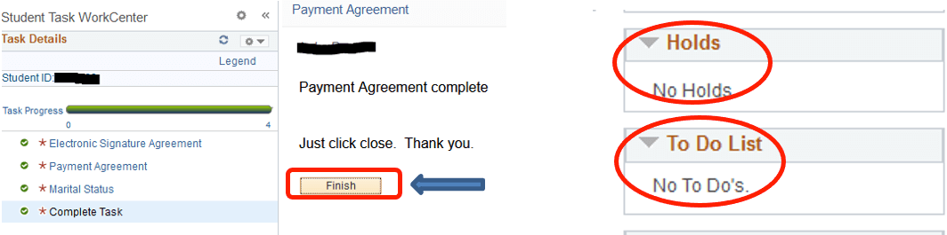 Screenshot of SIS Payment agreement finish button, No holds and no to do's shown