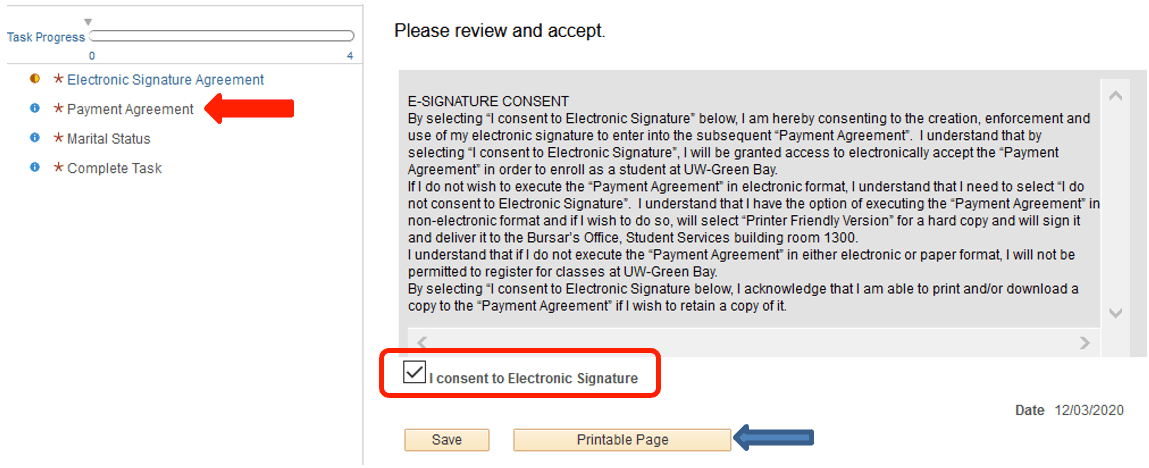 SIS screenshot of the Electronic Signature agreement with an arrow pointing to payment agreement step, electronic signature highlighted.