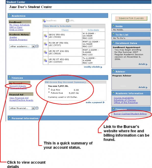 Screenshot of the SIS Student Center Homewith account inquiry link, account summary, and link to Bursar's website circled