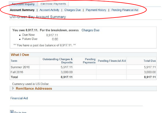 Account Activity screen with tabs across the top circled. These links allow you to navigate quickly to different student billing details.