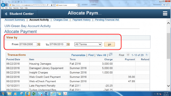 Allocate Payment screen with view by date or terms filters circled