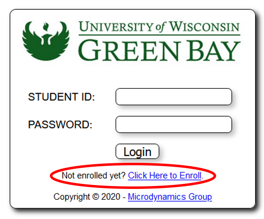 MCD Login Screen with click her to enroll circled