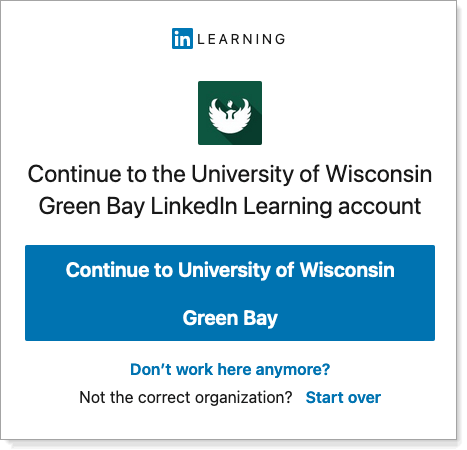 Screenshot - continue to University of Wisconsin Green Bay LinkedIn Learning account