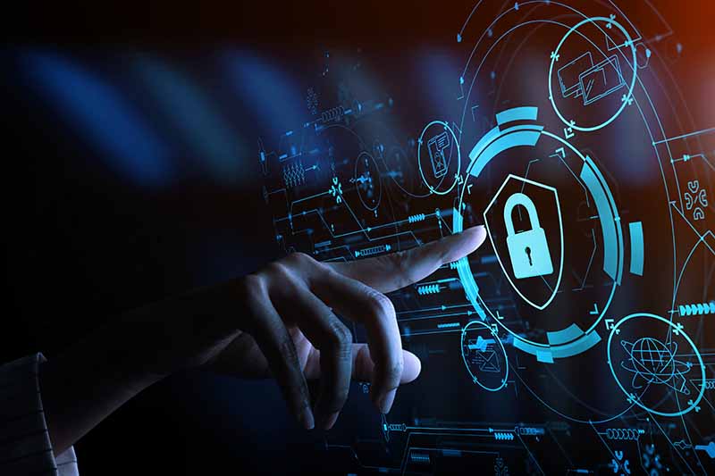 data protection concept finger pointing at lock symbol