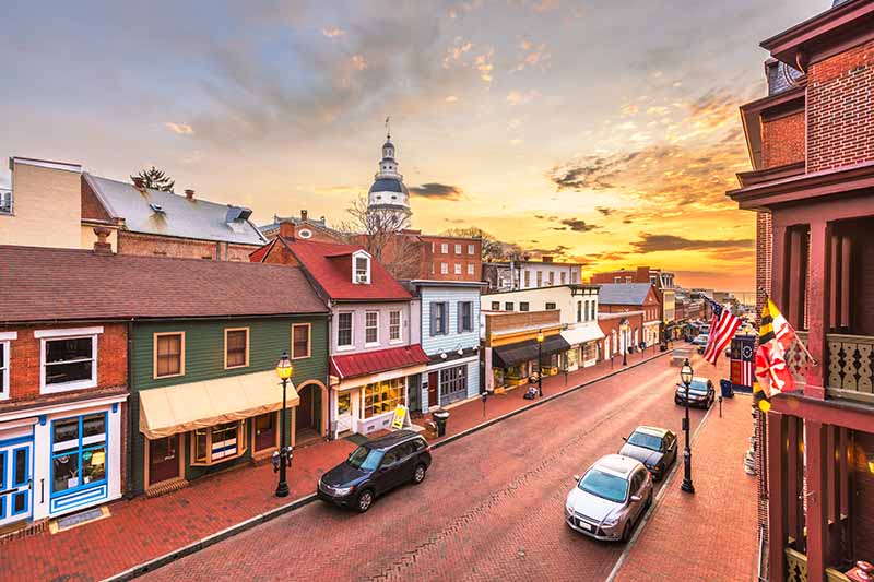 sunset in the downtown of a small town