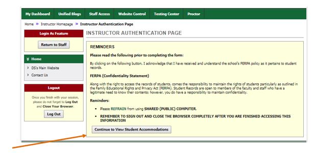 Instructor Authentication Page FERPA statement