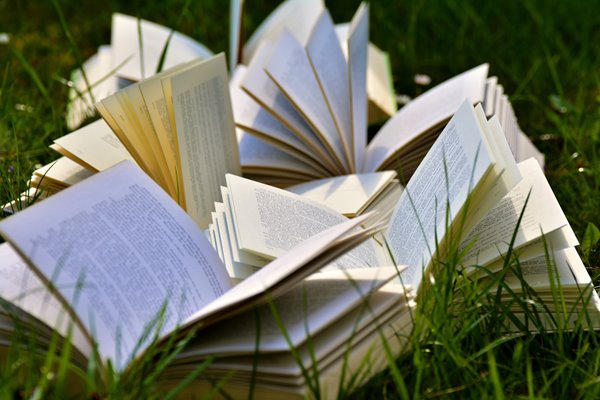 Books laying in the grass