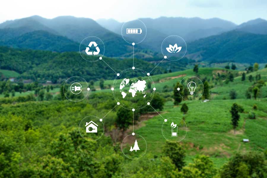 Globe graphic overlayed on photo of green pastures